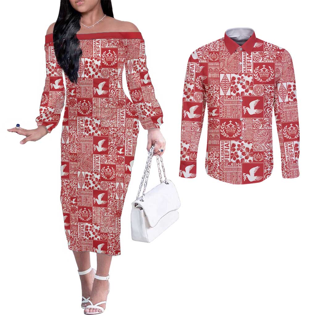 Red Tonga Kilisimasi Fiefia Couples Matching Off The Shoulder Long Sleeve Dress and Long Sleeve Button Shirt Pacific Patchwork Xmas Vibes LT9 Red - Polynesian Pride