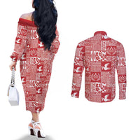 Red Tonga Kilisimasi Fiefia Couples Matching Off The Shoulder Long Sleeve Dress and Long Sleeve Button Shirt Pacific Patchwork Xmas Vibes LT9 - Polynesian Pride