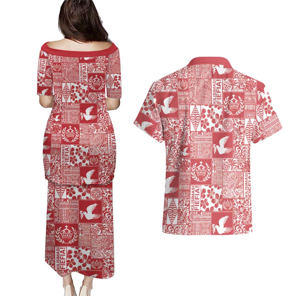 Red Tonga Kilisimasi Fiefia Couples Matching Puletasi and Hawaiian Shirt Pacific Patchwork Xmas Vibes - Polynesian Pride