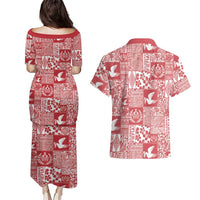 Red Tonga Kilisimasi Fiefia Couples Matching Puletasi and Hawaiian Shirt Pacific Patchwork Xmas Vibes - Polynesian Pride