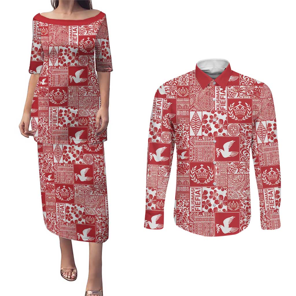 Red Tonga Kilisimasi Fiefia Couples Matching Puletasi and Long Sleeve Button Shirt Pacific Patchwork Xmas Vibes LT9 Red - Polynesian Pride