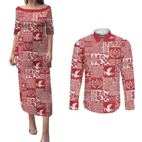Red Tonga Kilisimasi Fiefia Couples Matching Puletasi and Long Sleeve Button Shirt Pacific Patchwork Xmas Vibes LT9 Red - Polynesian Pride