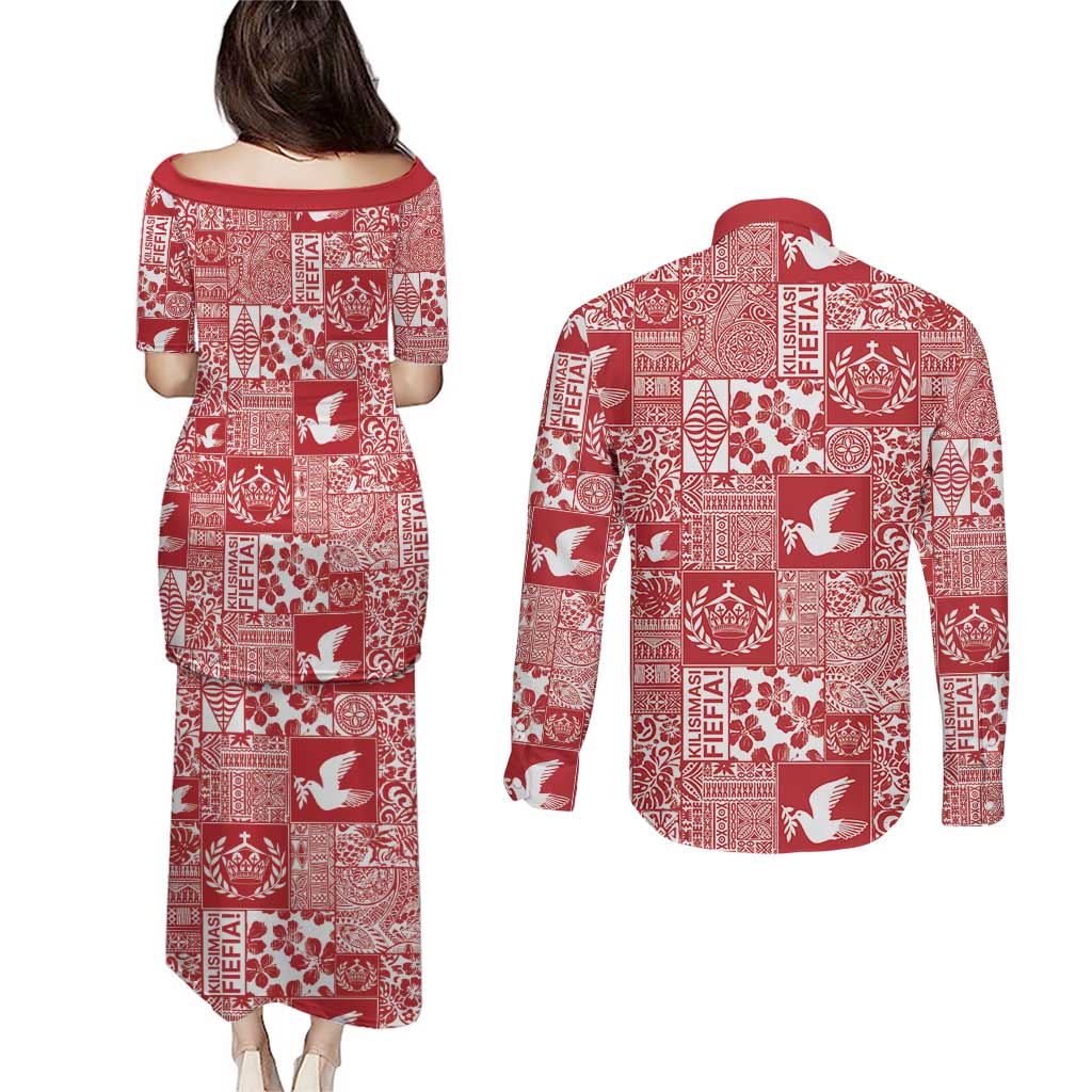 Red Tonga Kilisimasi Fiefia Couples Matching Puletasi and Long Sleeve Button Shirt Pacific Patchwork Xmas Vibes LT9 - Polynesian Pride