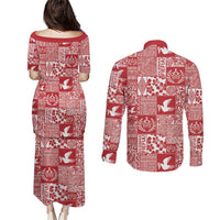 Red Tonga Kilisimasi Fiefia Couples Matching Puletasi and Long Sleeve Button Shirt Pacific Patchwork Xmas Vibes LT9 - Polynesian Pride