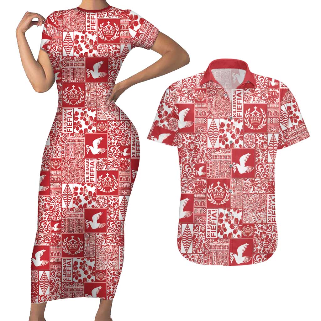 Red Tonga Kilisimasi Fiefia Couples Matching Short Sleeve Bodycon Dress and Hawaiian Shirt Pacific Patchwork Xmas Vibes LT9 Red - Polynesian Pride