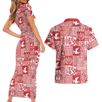 Red Tonga Kilisimasi Fiefia Couples Matching Short Sleeve Bodycon Dress and Hawaiian Shirt Pacific Patchwork Xmas Vibes LT9 - Polynesian Pride