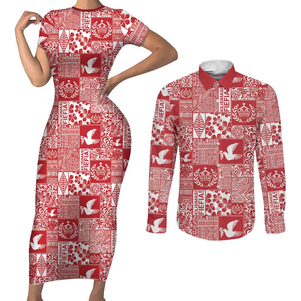 Red Tonga Kilisimasi Fiefia Couples Matching Short Sleeve Bodycon Dress and Long Sleeve Button Shirt Pacific Patchwork Xmas Vibes LT9 Red - Polynesian Pride