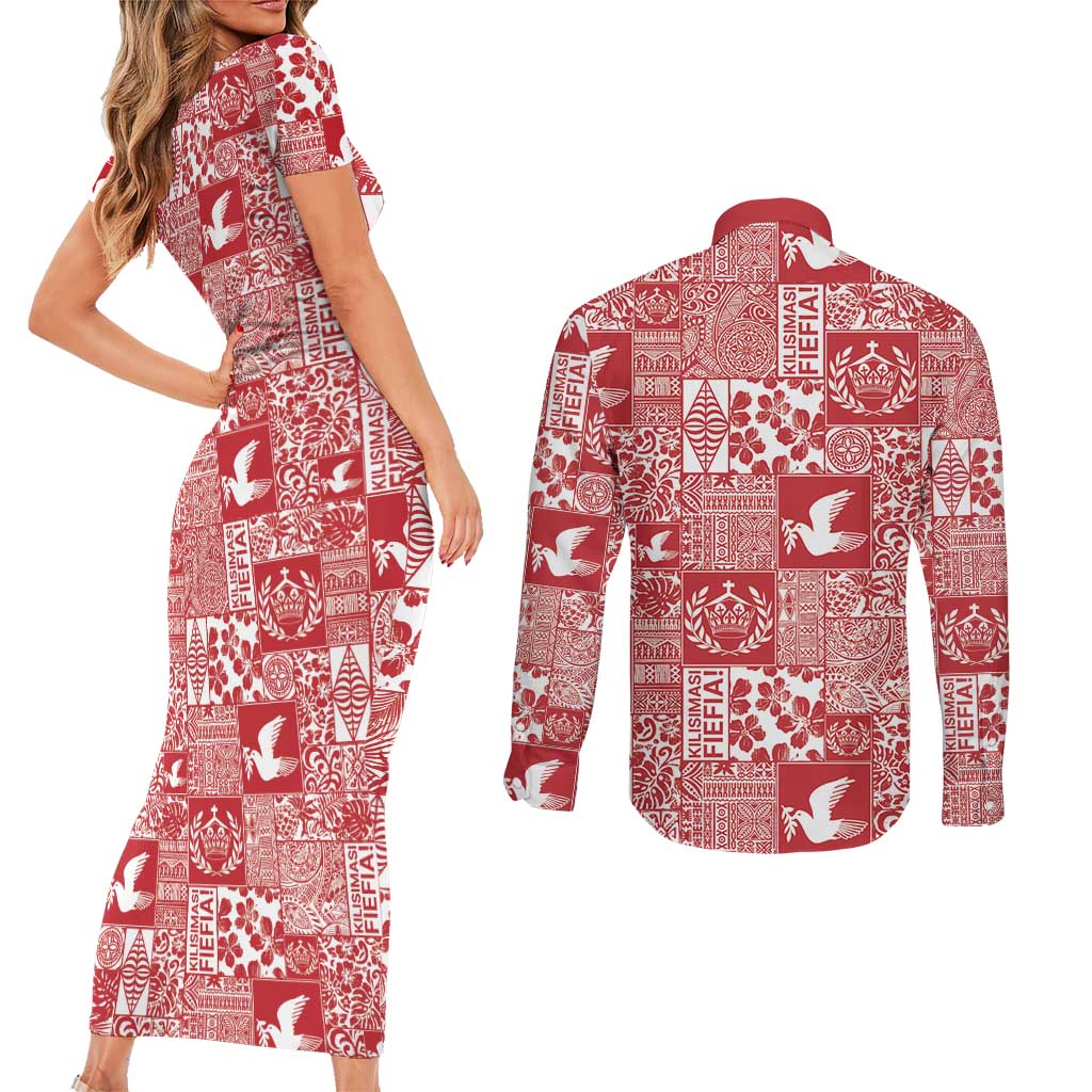Red Tonga Kilisimasi Fiefia Couples Matching Short Sleeve Bodycon Dress and Long Sleeve Button Shirt Pacific Patchwork Xmas Vibes LT9 - Polynesian Pride