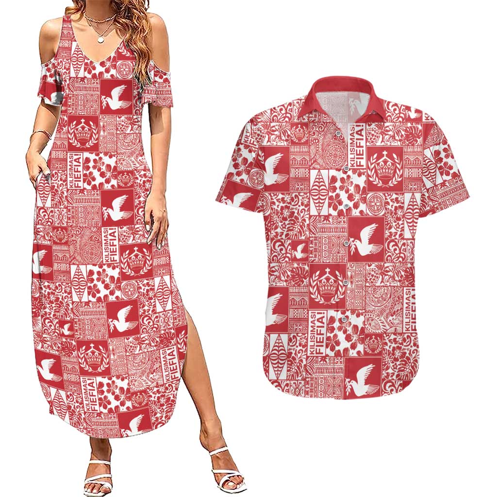 Red Tonga Kilisimasi Fiefia Couples Matching Summer Maxi Dress and Hawaiian Shirt Pacific Patchwork Xmas Vibes LT9 Red - Polynesian Pride