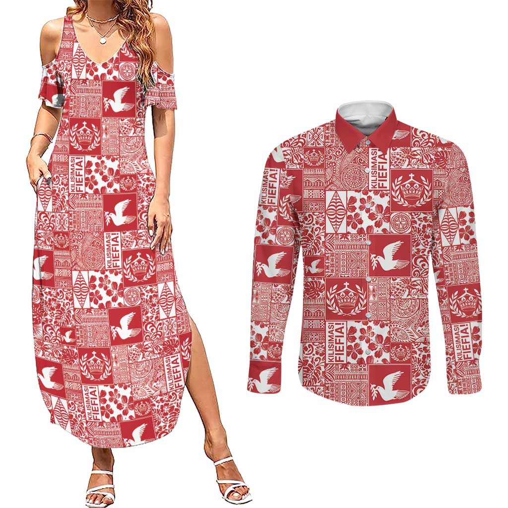 Red Tonga Kilisimasi Fiefia Couples Matching Summer Maxi Dress and Long Sleeve Button Shirt Pacific Patchwork Xmas Vibes LT9 Red - Polynesian Pride