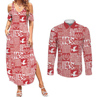 Red Tonga Kilisimasi Fiefia Couples Matching Summer Maxi Dress and Long Sleeve Button Shirt Pacific Patchwork Xmas Vibes - Polynesian Pride