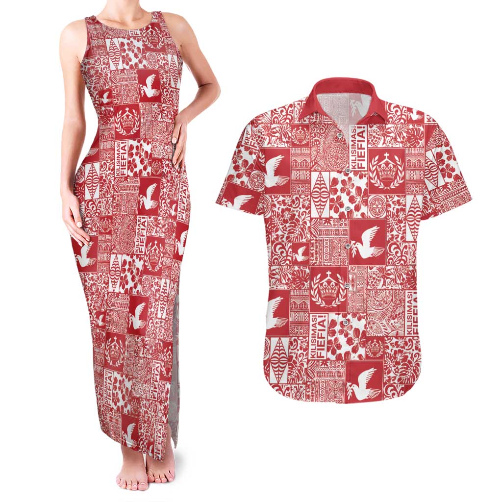Red Tonga Kilisimasi Fiefia Couples Matching Tank Maxi Dress and Hawaiian Shirt Pacific Patchwork Xmas Vibes LT9 Red - Polynesian Pride