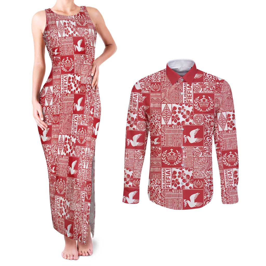 Red Tonga Kilisimasi Fiefia Couples Matching Tank Maxi Dress and Long Sleeve Button Shirt Pacific Patchwork Xmas Vibes - Polynesian Pride