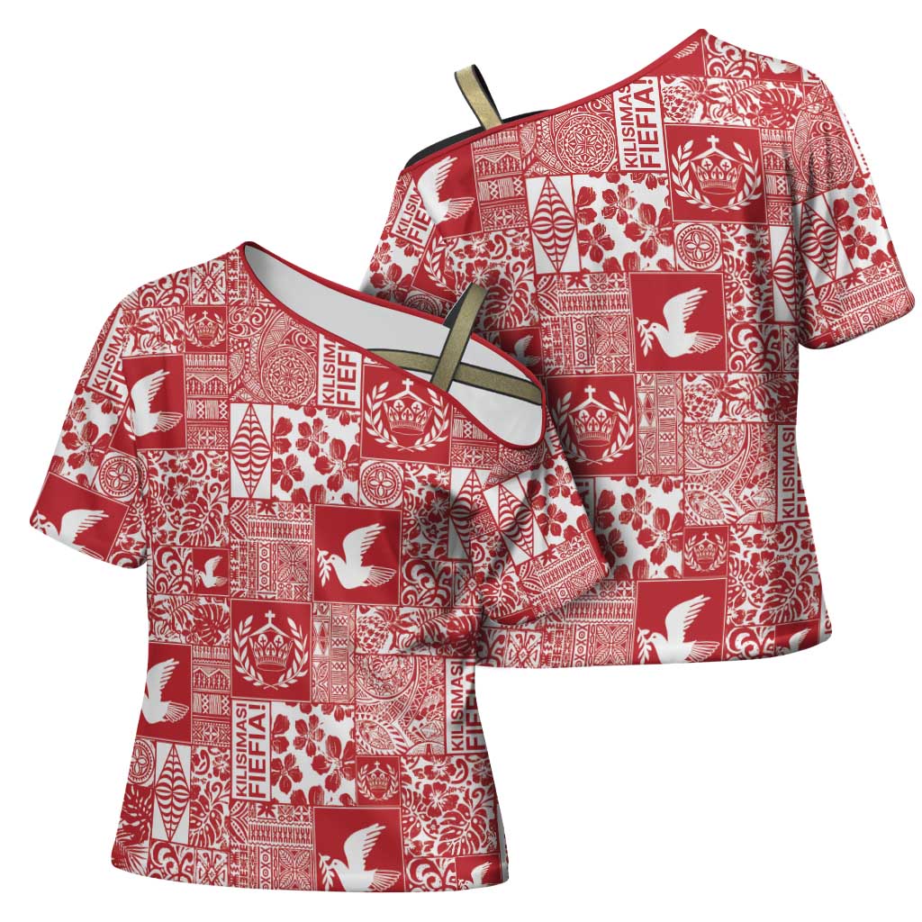 Red Tonga Kilisimasi Fiefia Cross Shoulder Shirt Pacific Patchwork Xmas Vibes - Polynesian Pride