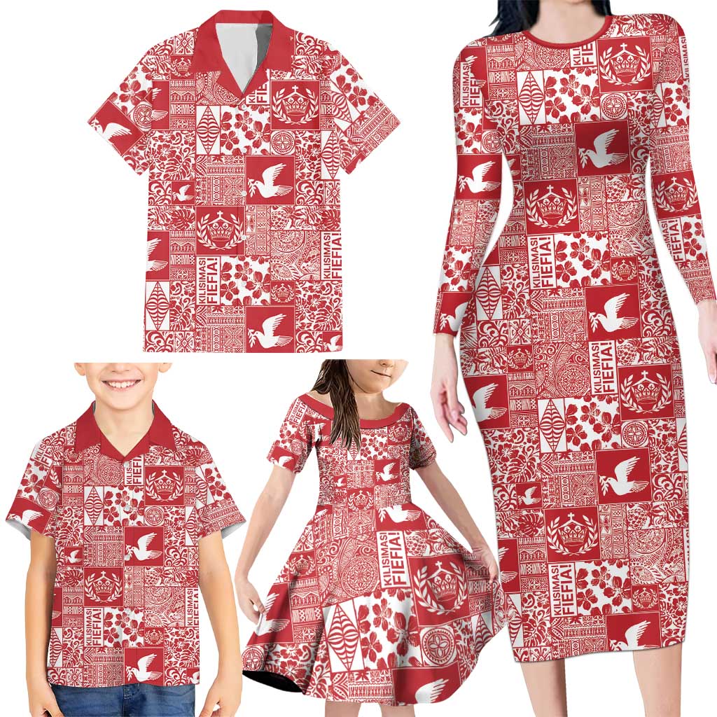 Red Tonga Kilisimasi Fiefia Family Matching Long Sleeve Bodycon Dress and Hawaiian Shirt Pacific Patchwork Xmas Vibes LT9 - Polynesian Pride
