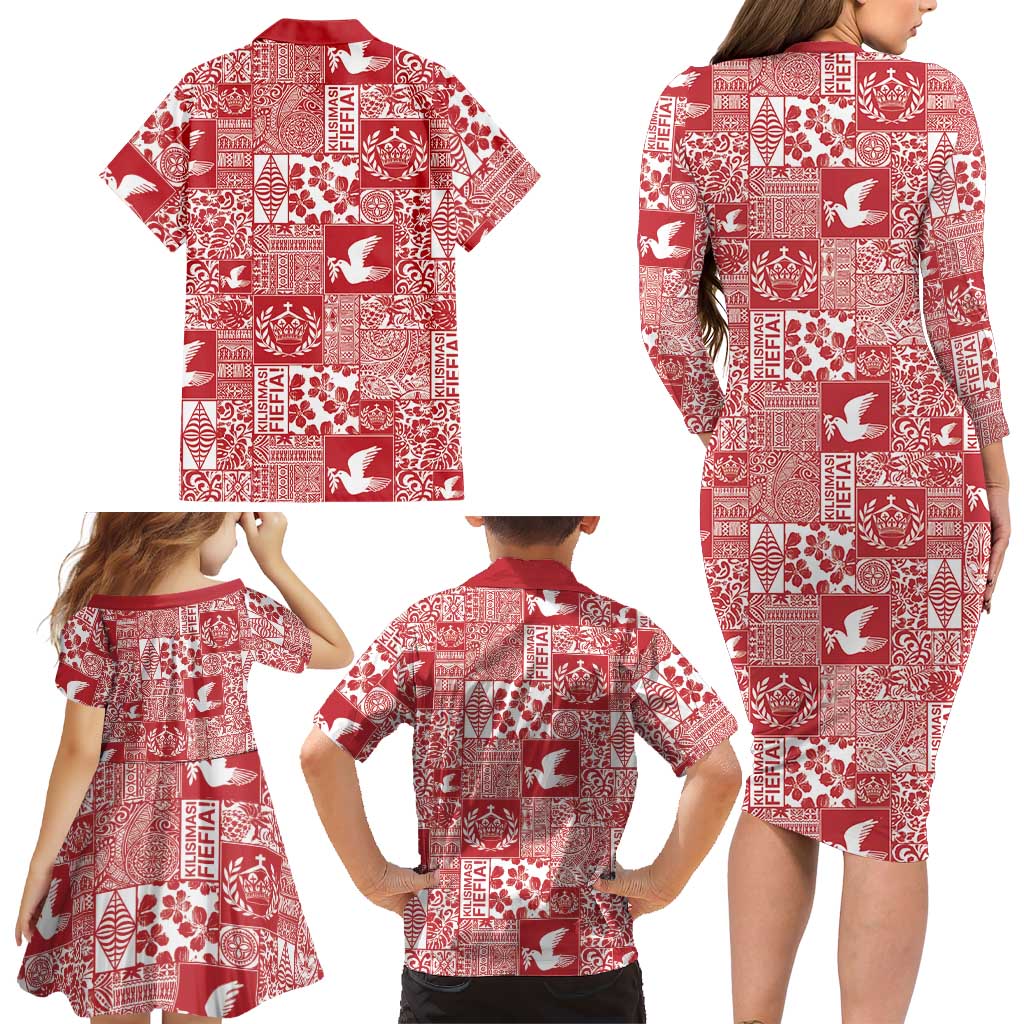 Red Tonga Kilisimasi Fiefia Family Matching Long Sleeve Bodycon Dress and Hawaiian Shirt Pacific Patchwork Xmas Vibes LT9 - Polynesian Pride