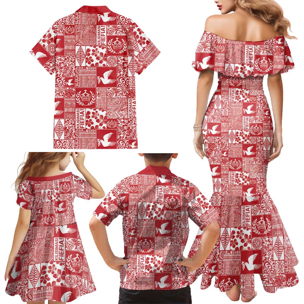 Red Tonga Kilisimasi Fiefia Family Matching Mermaid Dress and Hawaiian Shirt Pacific Patchwork Xmas Vibes LT9 - Polynesian Pride