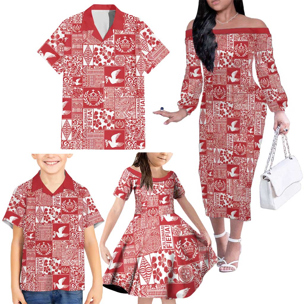 Red Tonga Kilisimasi Fiefia Family Matching Off The Shoulder Long Sleeve Dress and Hawaiian Shirt Pacific Patchwork Xmas Vibes - Polynesian Pride