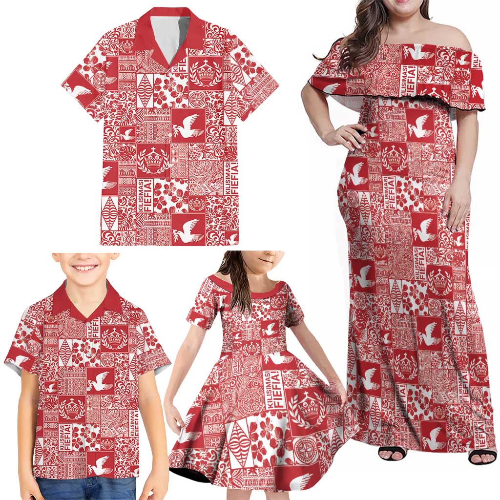 Red Tonga Kilisimasi Fiefia Family Matching Off Shoulder Maxi Dress and Hawaiian Shirt Pacific Patchwork Xmas Vibes LT9 - Polynesian Pride