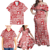 Red Tonga Kilisimasi Fiefia Family Matching Off Shoulder Maxi Dress and Hawaiian Shirt Pacific Patchwork Xmas Vibes LT9 - Polynesian Pride