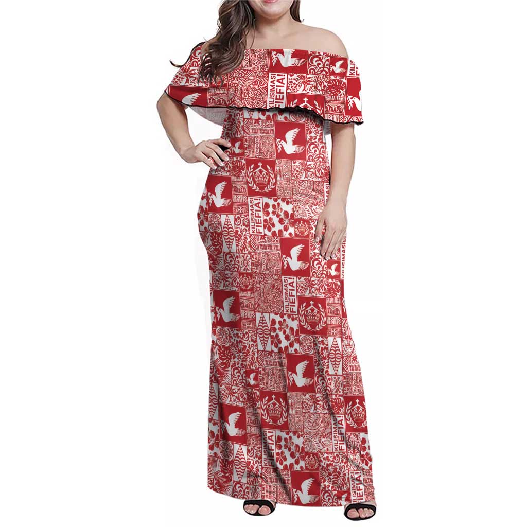 Red Tonga Kilisimasi Fiefia Family Matching Off Shoulder Maxi Dress and Hawaiian Shirt Pacific Patchwork Xmas Vibes LT9 Mom's Dress Red - Polynesian Pride
