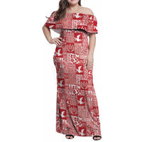 Red Tonga Kilisimasi Fiefia Family Matching Off Shoulder Maxi Dress and Hawaiian Shirt Pacific Patchwork Xmas Vibes LT9 Mom's Dress Red - Polynesian Pride