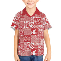 Red Tonga Kilisimasi Fiefia Family Matching Off Shoulder Maxi Dress and Hawaiian Shirt Pacific Patchwork Xmas Vibes LT9 Son's Shirt Red - Polynesian Pride