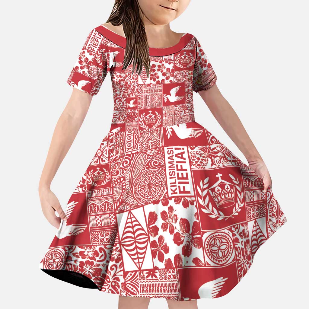 Red Tonga Kilisimasi Fiefia Family Matching Off Shoulder Short Dress and Hawaiian Shirt Pacific Patchwork Xmas Vibes LT9 Daughter's Dress Red - Polynesian Pride