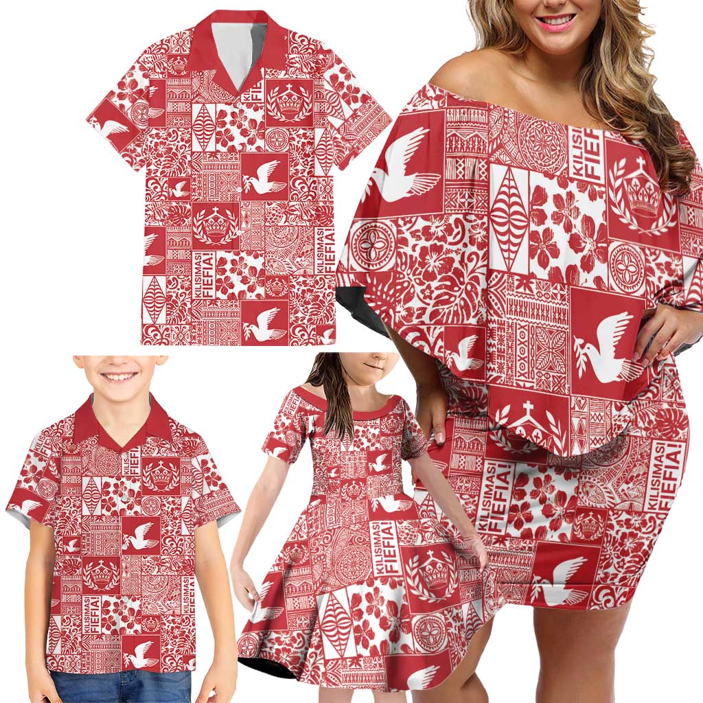 Red Tonga Kilisimasi Fiefia Family Matching Off Shoulder Short Dress and Hawaiian Shirt Pacific Patchwork Xmas Vibes LT9 - Polynesian Pride