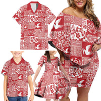 Red Tonga Kilisimasi Fiefia Family Matching Off Shoulder Short Dress and Hawaiian Shirt Pacific Patchwork Xmas Vibes LT9 - Polynesian Pride