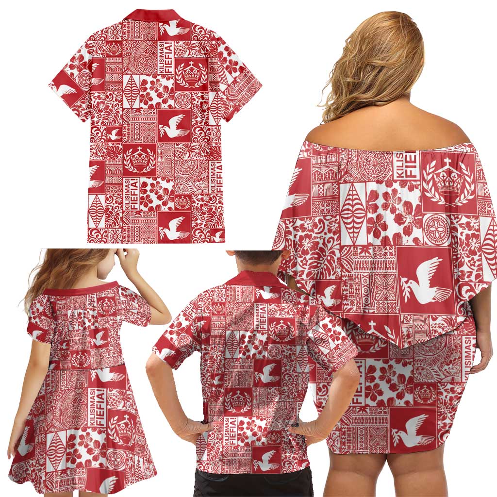 Red Tonga Kilisimasi Fiefia Family Matching Off Shoulder Short Dress and Hawaiian Shirt Pacific Patchwork Xmas Vibes LT9 - Polynesian Pride