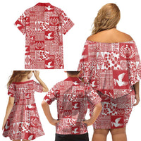Red Tonga Kilisimasi Fiefia Family Matching Off Shoulder Short Dress and Hawaiian Shirt Pacific Patchwork Xmas Vibes LT9 - Polynesian Pride