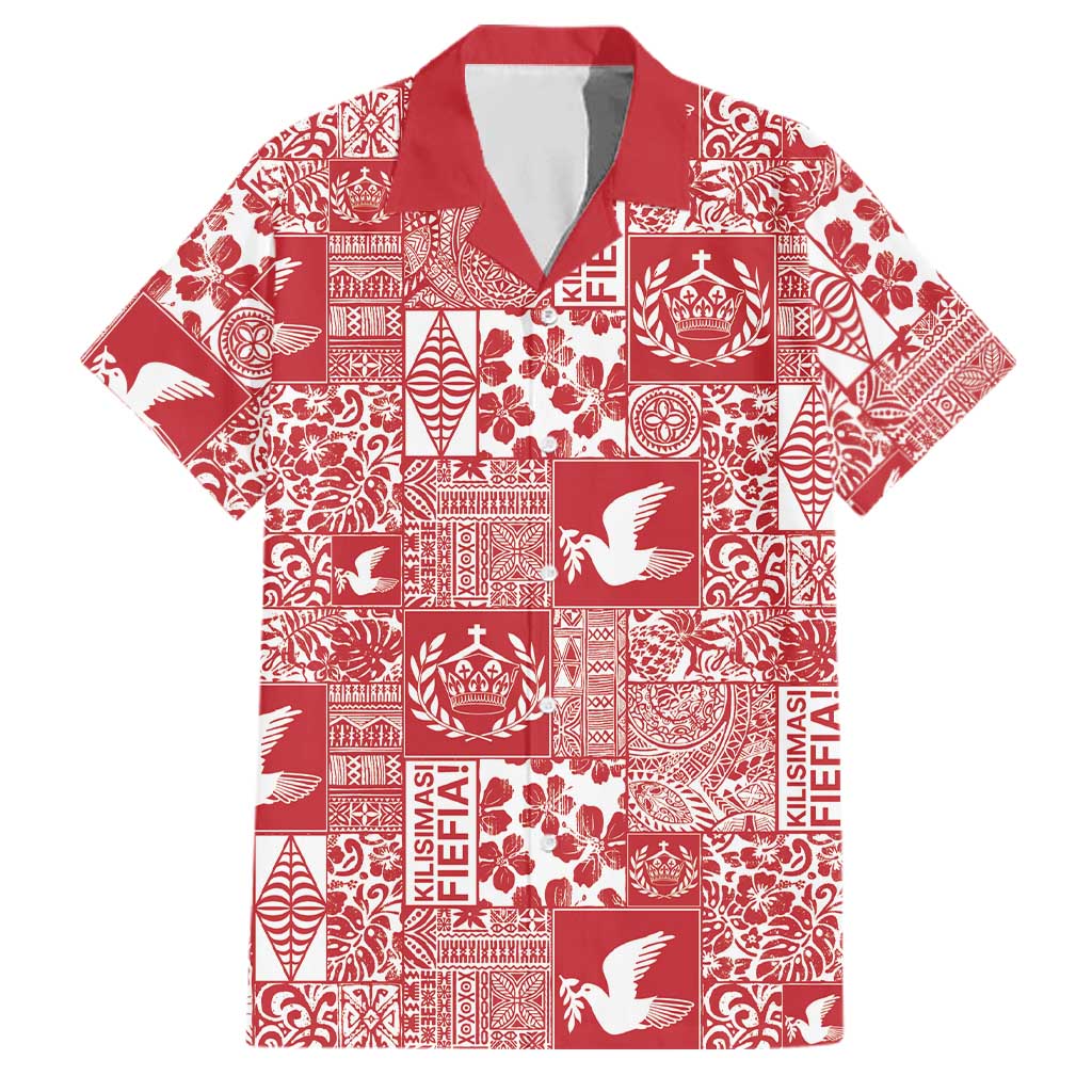 Red Tonga Kilisimasi Fiefia Family Matching Off Shoulder Short Dress and Hawaiian Shirt Pacific Patchwork Xmas Vibes LT9 Dad's Shirt - Short Sleeve Red - Polynesian Pride