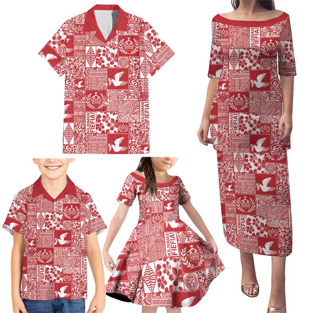 Red Tonga Kilisimasi Fiefia Family Matching Puletasi and Hawaiian Shirt Pacific Patchwork Xmas Vibes - Polynesian Pride