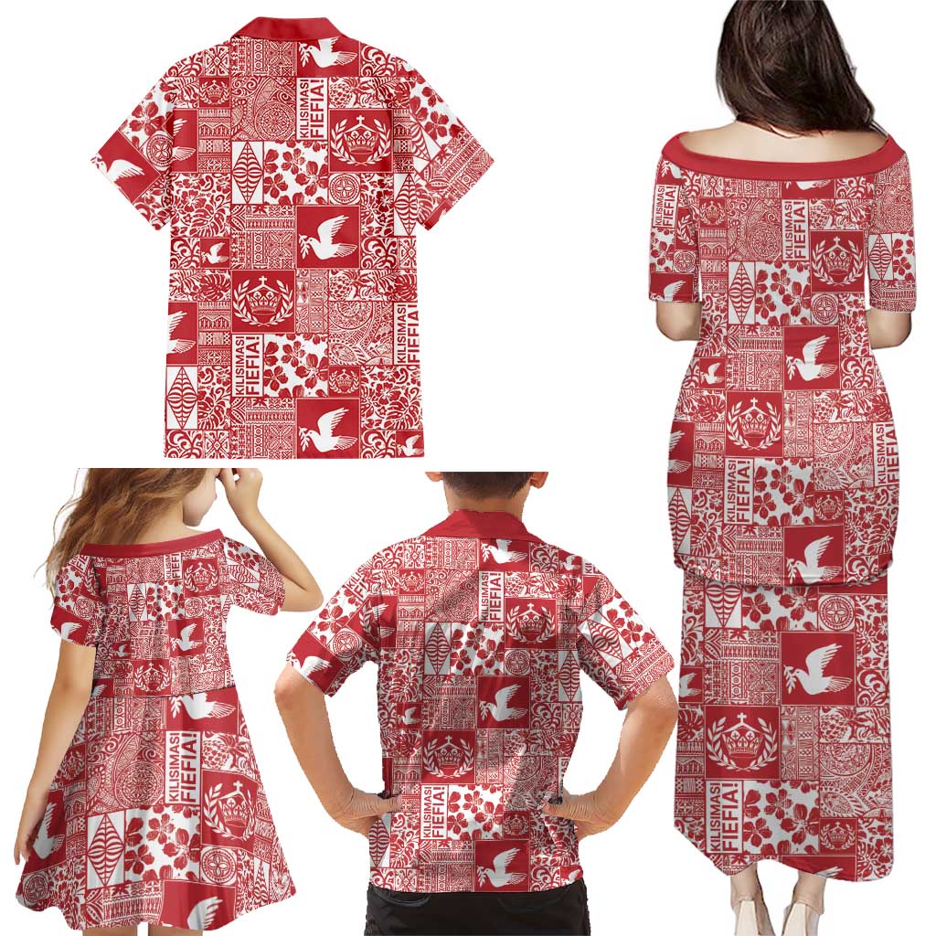 Red Tonga Kilisimasi Fiefia Family Matching Puletasi and Hawaiian Shirt Pacific Patchwork Xmas Vibes LT9 - Polynesian Pride