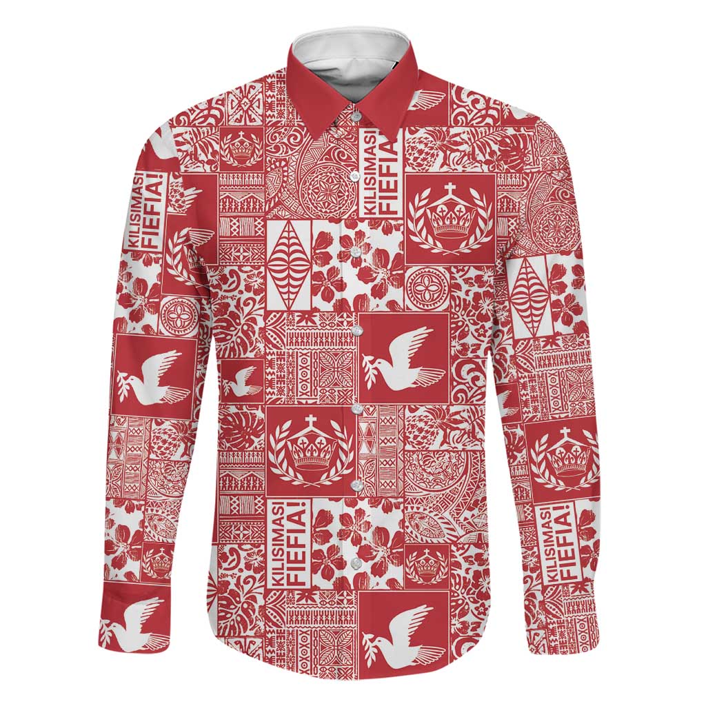 Red Tonga Kilisimasi Fiefia Family Matching Puletasi and Hawaiian Shirt Pacific Patchwork Xmas Vibes LT9 Dad's Shirt - Long Sleeve Red - Polynesian Pride