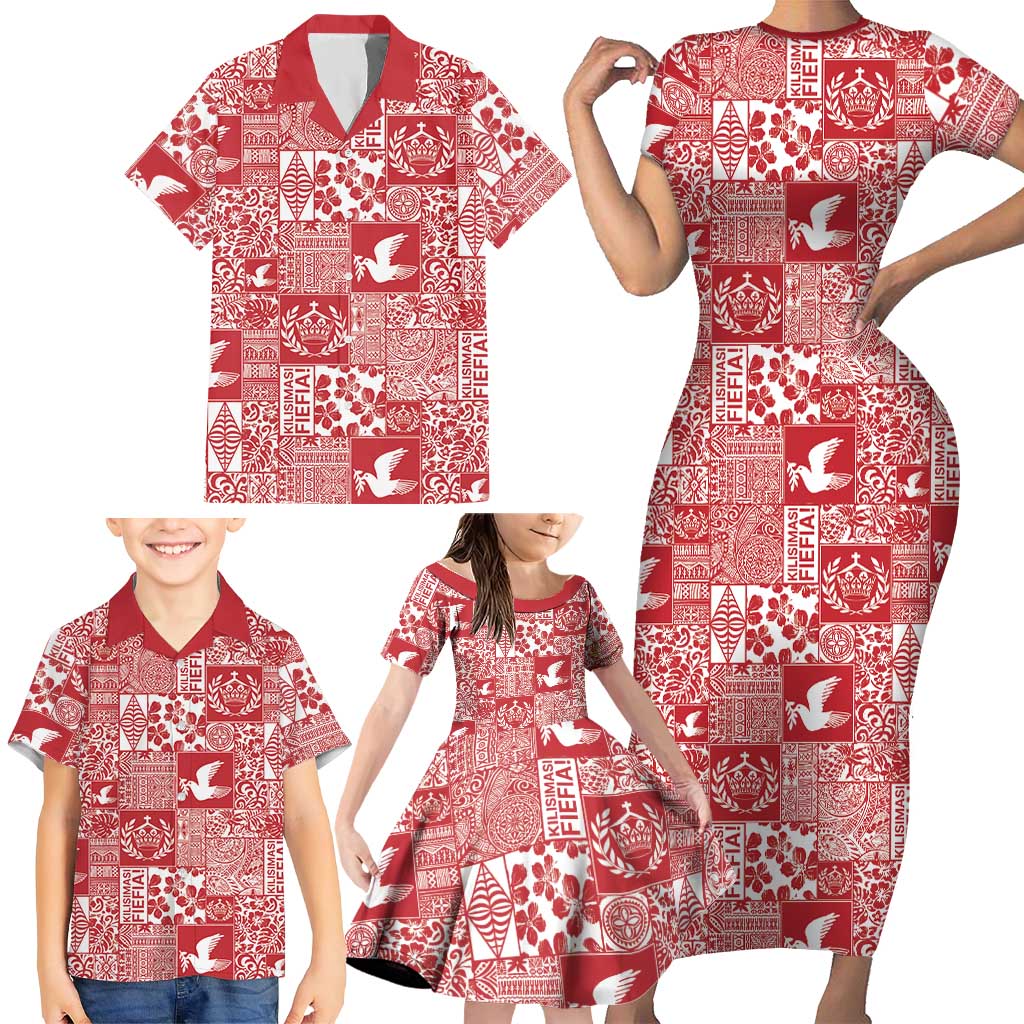 Red Tonga Kilisimasi Fiefia Family Matching Short Sleeve Bodycon Dress and Hawaiian Shirt Pacific Patchwork Xmas Vibes LT9 - Polynesian Pride