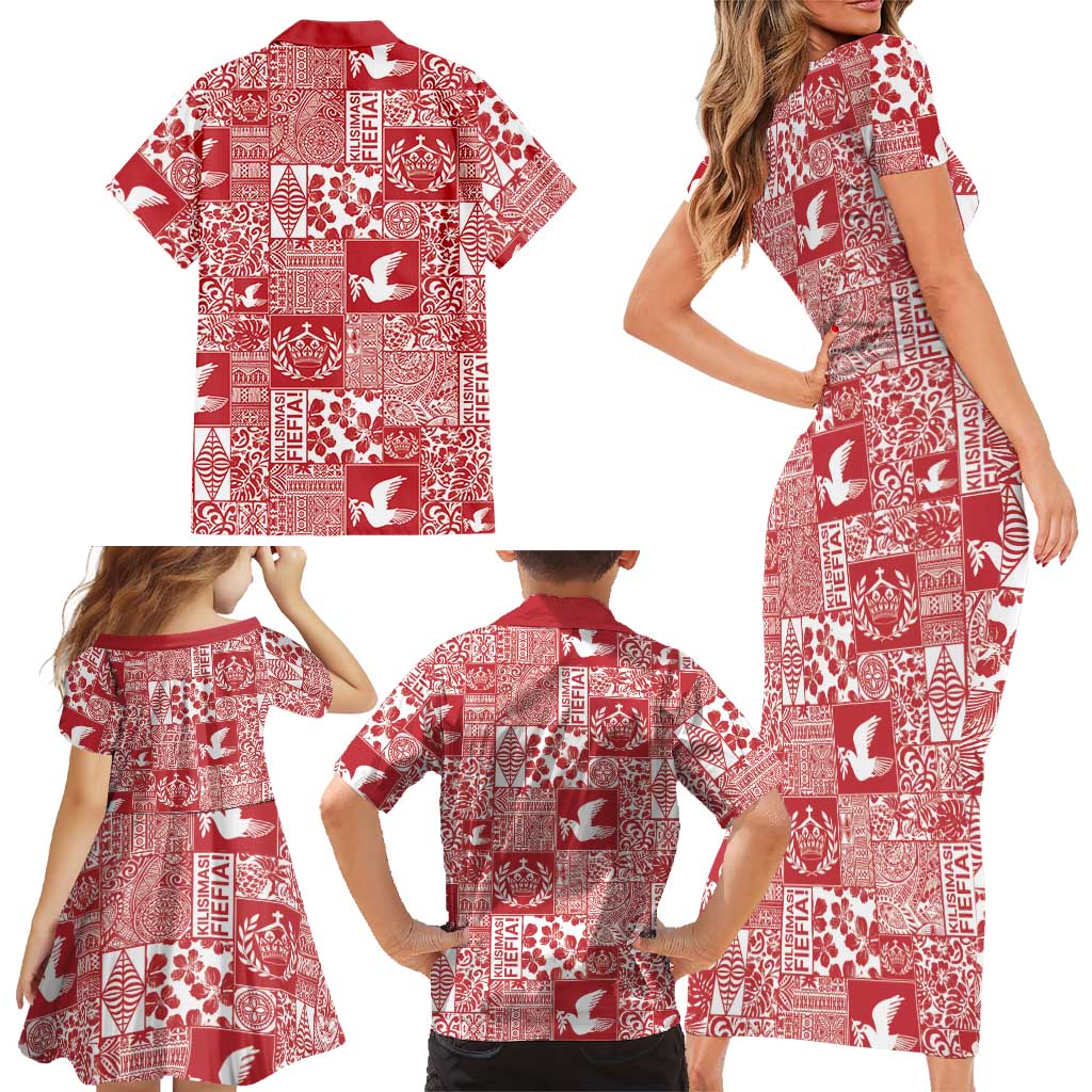 Red Tonga Kilisimasi Fiefia Family Matching Short Sleeve Bodycon Dress and Hawaiian Shirt Pacific Patchwork Xmas Vibes LT9 - Polynesian Pride