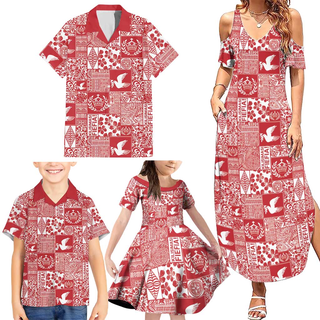 Red Tonga Kilisimasi Fiefia Family Matching Summer Maxi Dress and Hawaiian Shirt Pacific Patchwork Xmas Vibes LT9 - Polynesian Pride