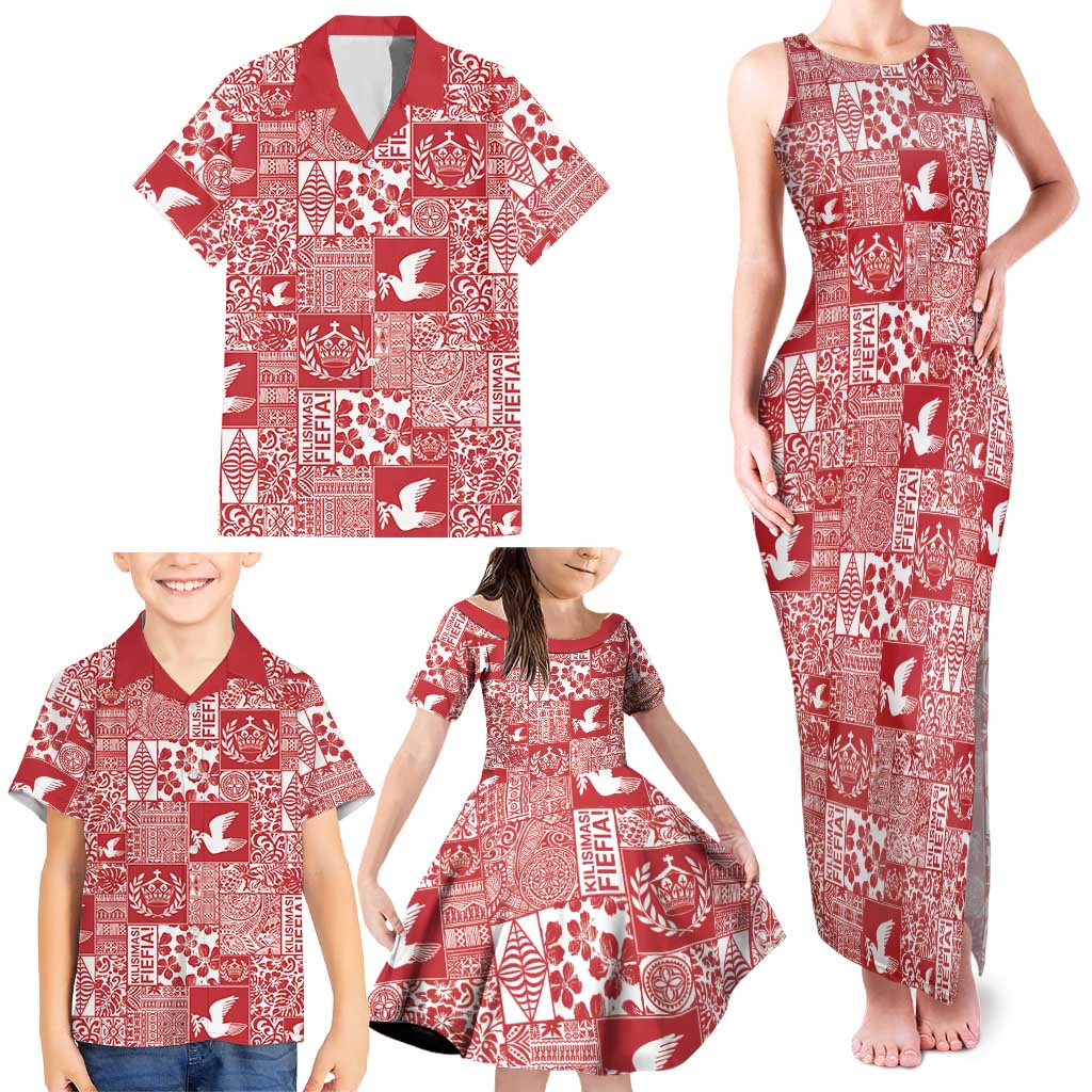 Red Tonga Kilisimasi Fiefia Family Matching Tank Maxi Dress and Hawaiian Shirt Pacific Patchwork Xmas Vibes LT9 - Polynesian Pride