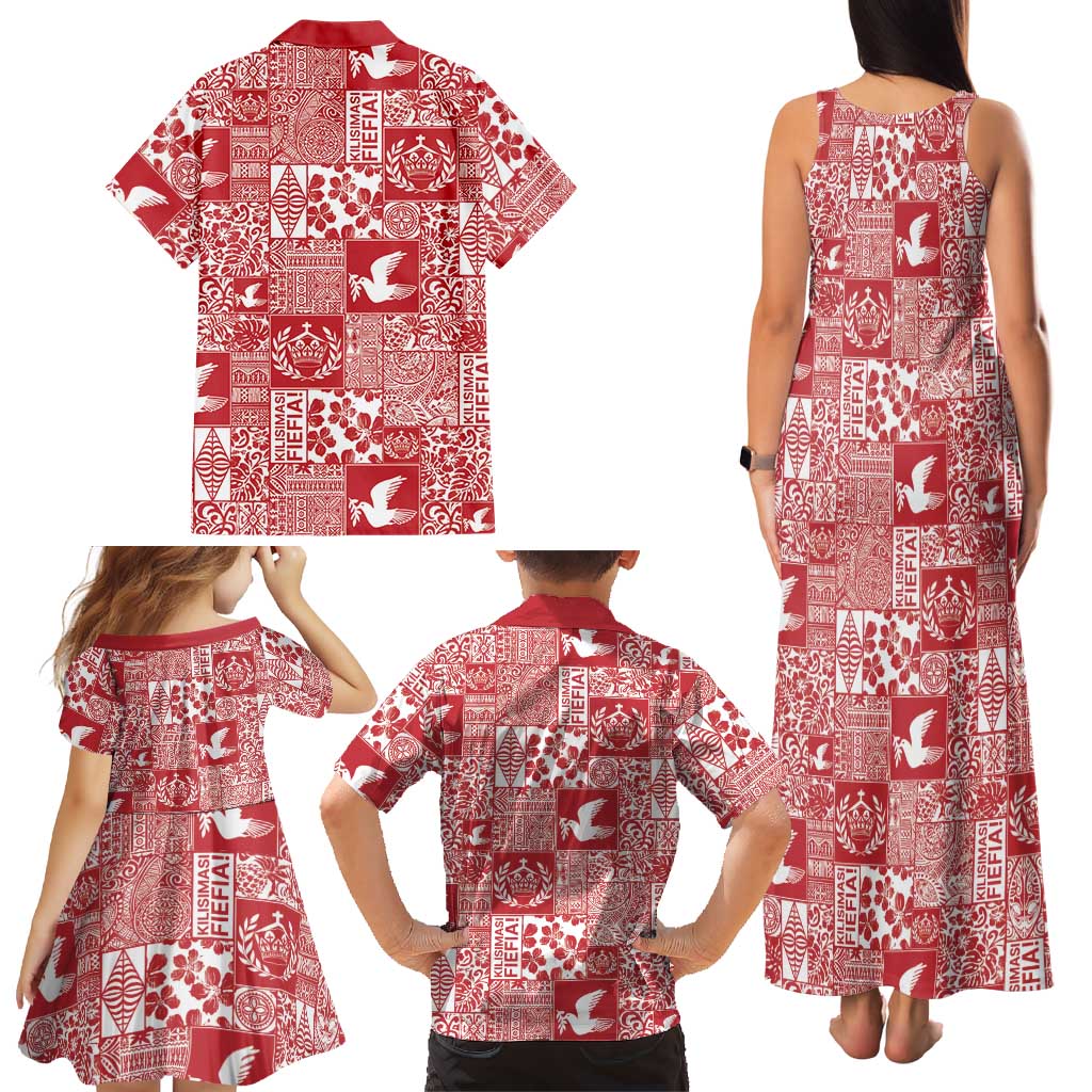 Red Tonga Kilisimasi Fiefia Family Matching Tank Maxi Dress and Hawaiian Shirt Pacific Patchwork Xmas Vibes LT9 - Polynesian Pride
