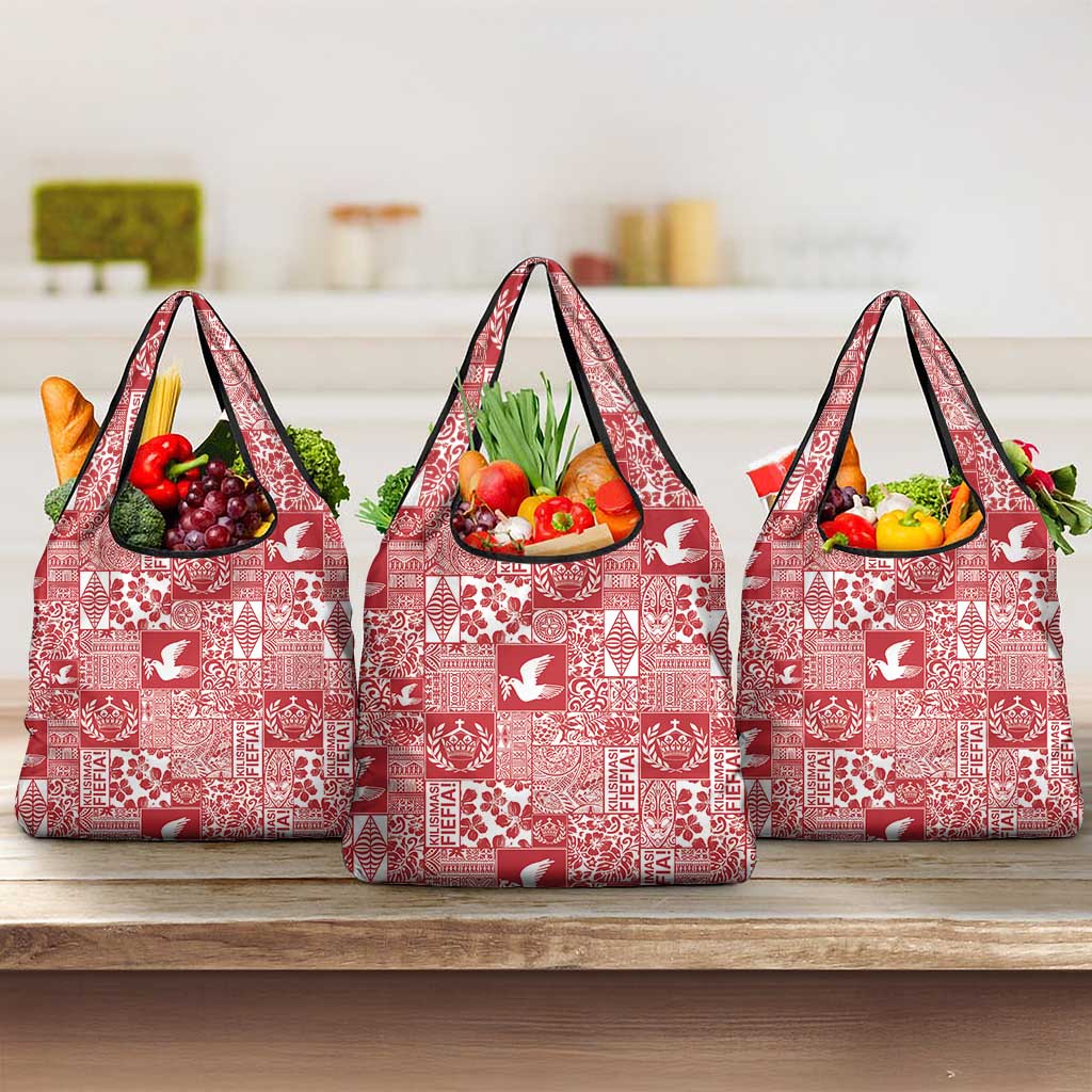 Red Tonga Kilisimasi Fiefia Grocery Bag Pacific Patchwork Xmas Vibes LT9 3-pack One Size Red - Polynesian Pride