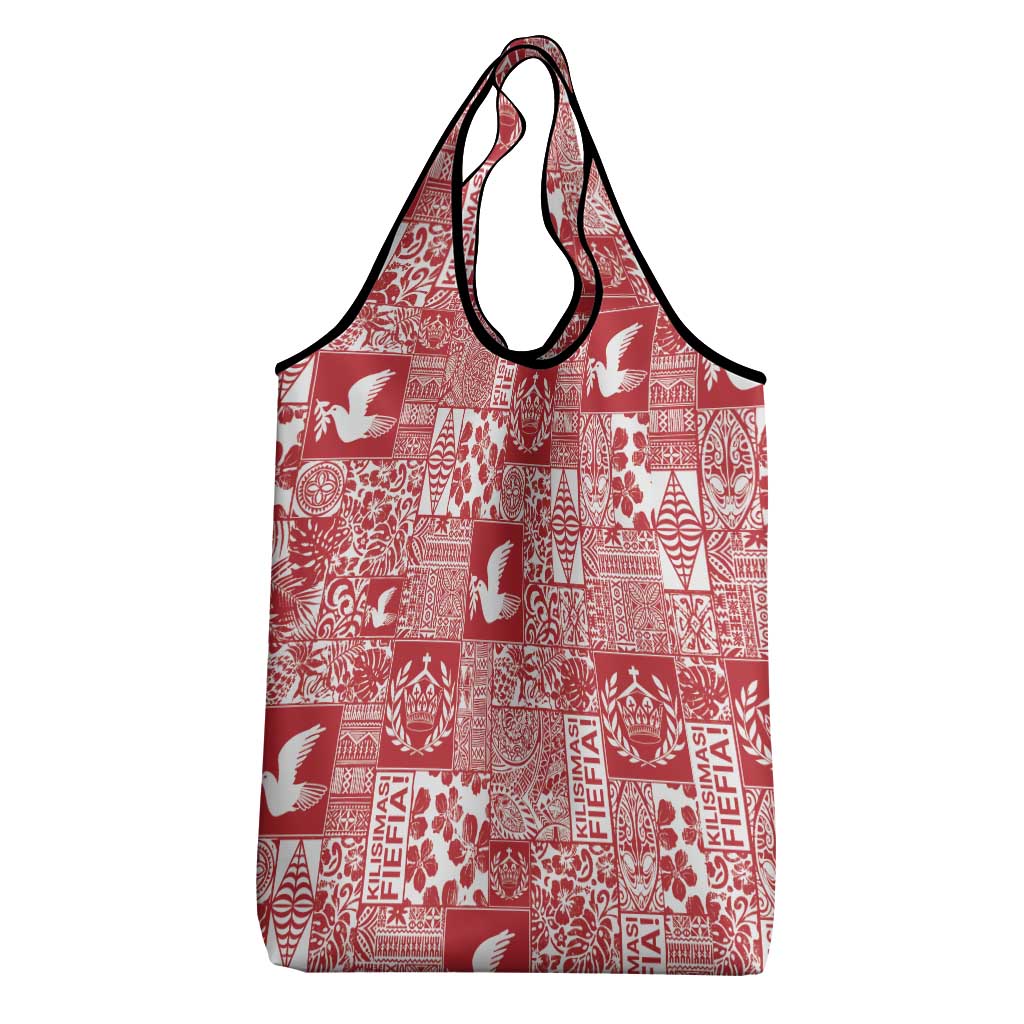 Red Tonga Kilisimasi Fiefia Grocery Bag Pacific Patchwork Xmas Vibes LT9 - Polynesian Pride