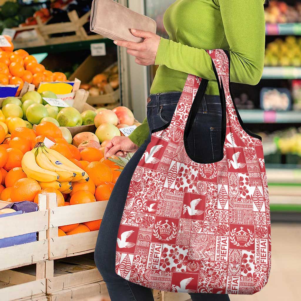 Red Tonga Kilisimasi Fiefia Grocery Bag Pacific Patchwork Xmas Vibes LT9 - Polynesian Pride