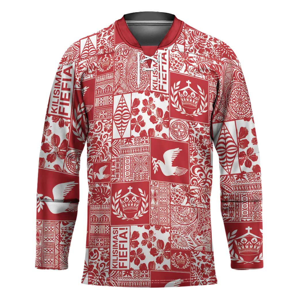 Red Tonga Kilisimasi Fiefia Hockey Jersey Pacific Patchwork Xmas Vibes - Polynesian Pride