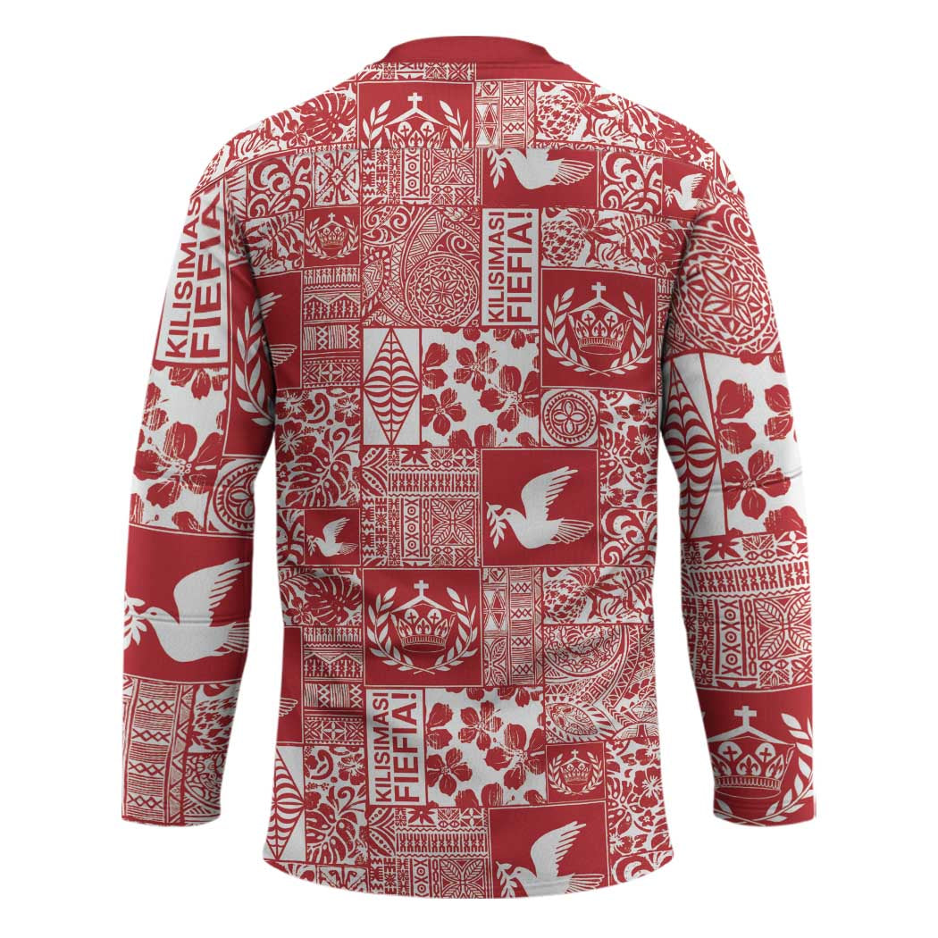 Red Tonga Kilisimasi Fiefia Hockey Jersey Pacific Patchwork Xmas Vibes - Polynesian Pride