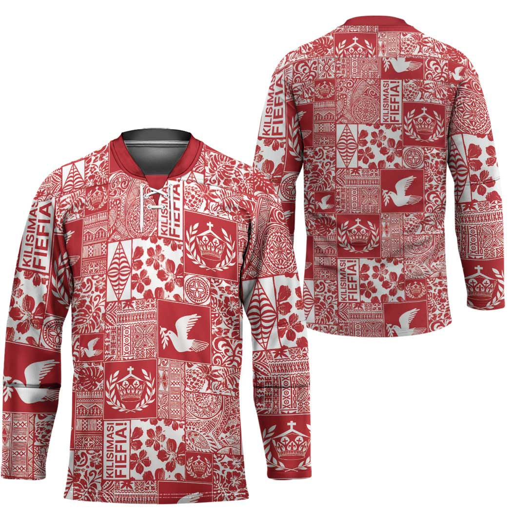Red Tonga Kilisimasi Fiefia Hockey Jersey Pacific Patchwork Xmas Vibes - Polynesian Pride