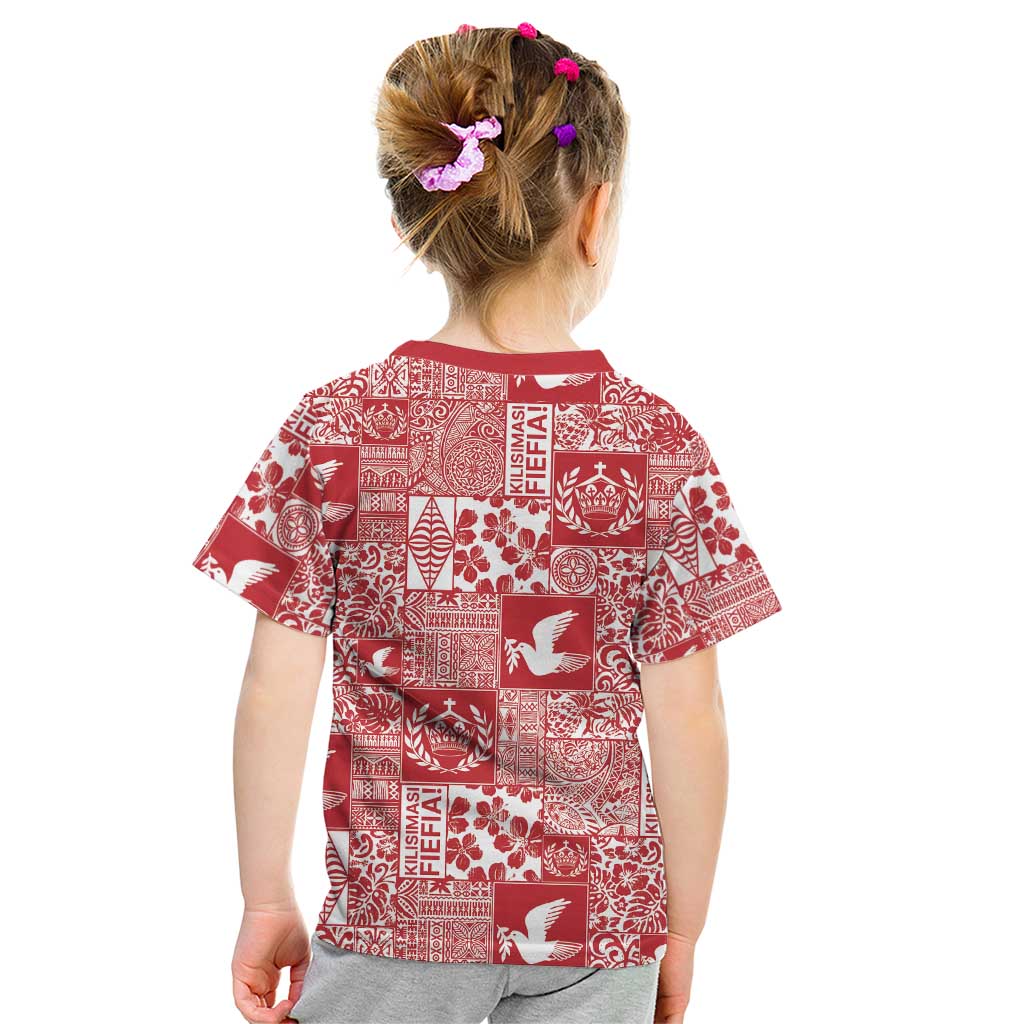 Red Tonga Kilisimasi Fiefia Kid T Shirt Pacific Patchwork Xmas Vibes - Polynesian Pride