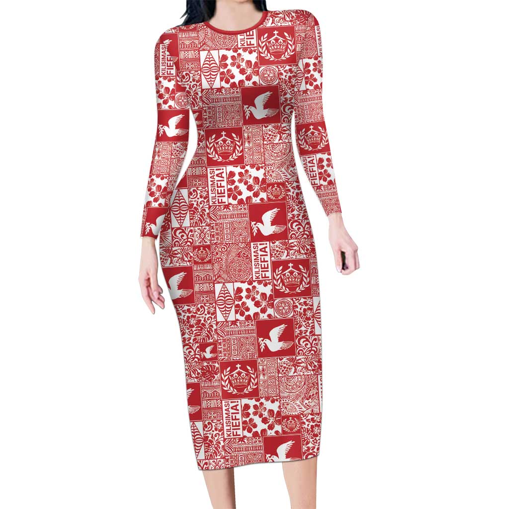 Red Tonga Kilisimasi Fiefia Long Sleeve Bodycon Dress Pacific Patchwork Xmas Vibes LT9 Long Dress Red - Polynesian Pride