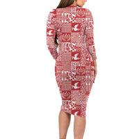 Red Tonga Kilisimasi Fiefia Long Sleeve Bodycon Dress Pacific Patchwork Xmas Vibes LT9 - Polynesian Pride